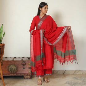 Red - Dharwad Cotton Kurta with Palazzo & Dupatta Set 06