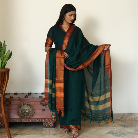 Green - Dharwad Cotton Kurta with Palazzo & Dupatta Set 19