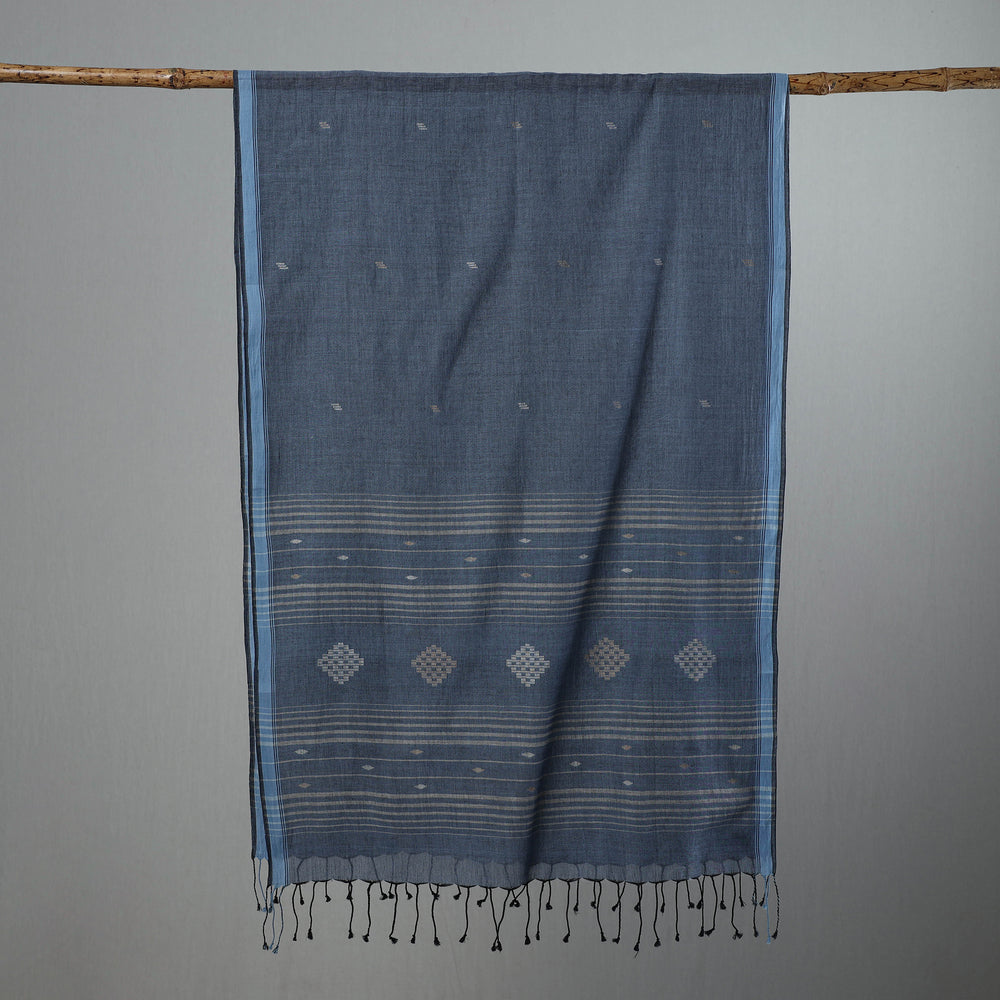 Blue - Burdwan Jamdani Cotton Handloom Stole with Tassels 21