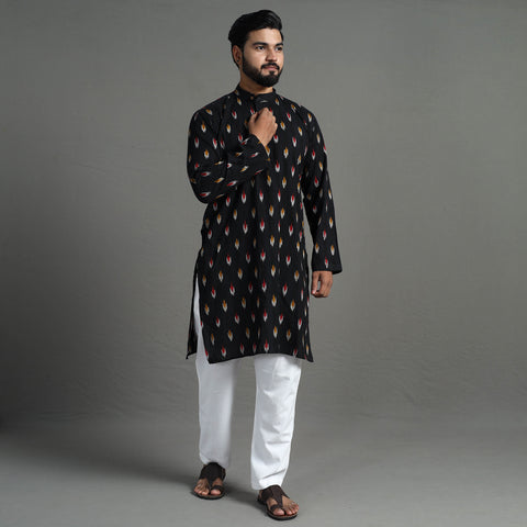 Black - Pochampally Ikat Cotton Men Long Kurta