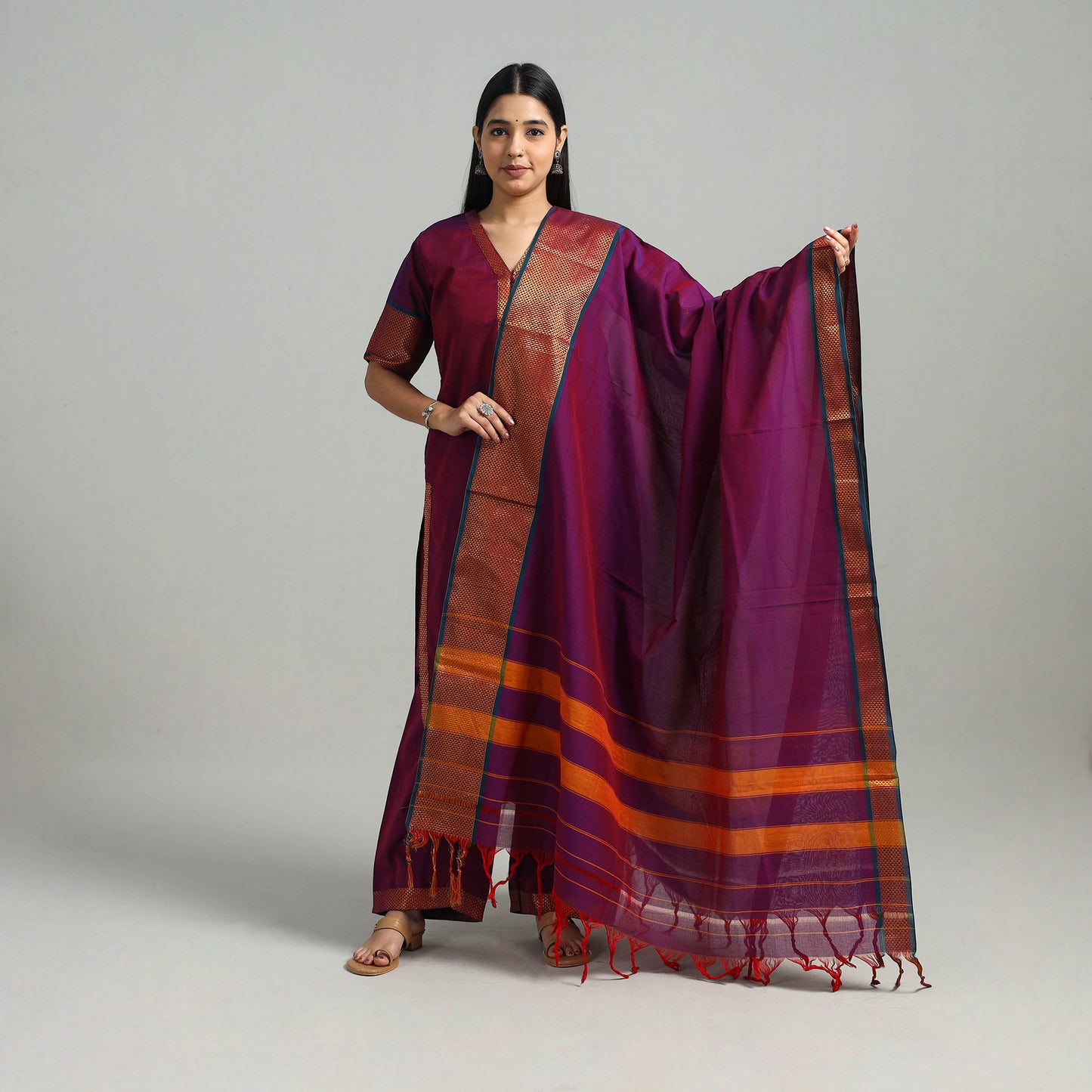 Purple - Cotton Dharwad Kurta Set with Palazzo & Dupatta 21