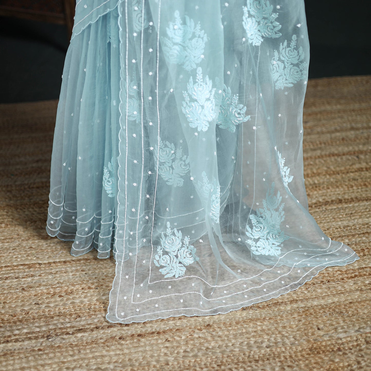 Lucknowi Chikankari Heavy Bead Work Pure Organza Silk Saree 10