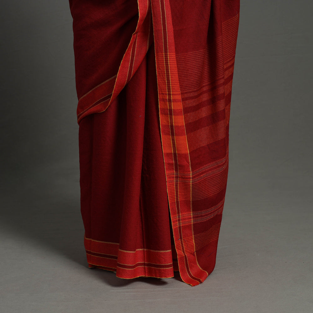 Red - Kumaun Handwoven Pure Merino Woolen Saree 06