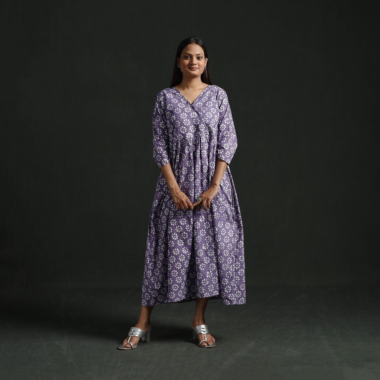 Flared Angrakha Cotton Hand Block Batik Print Dress 07