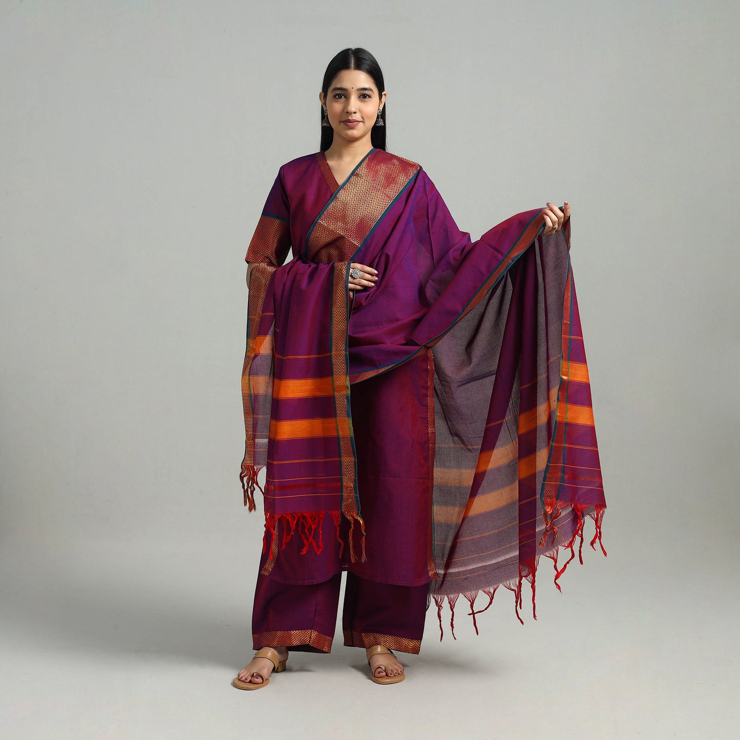 Purple - Cotton Dharwad Kurta Set with Palazzo & Dupatta 21