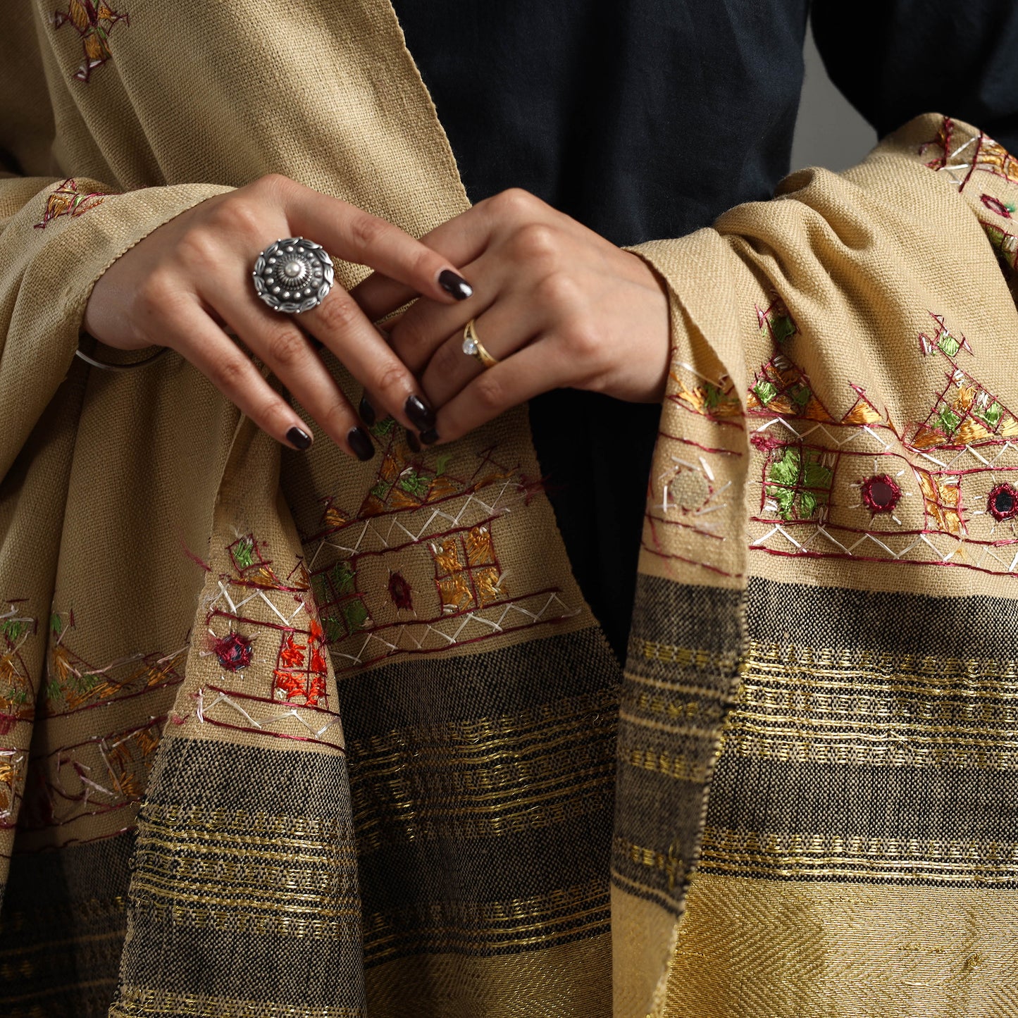 Beige - Kutch Neran Hand Embroidery Mirror Work Woollen Shawl 59