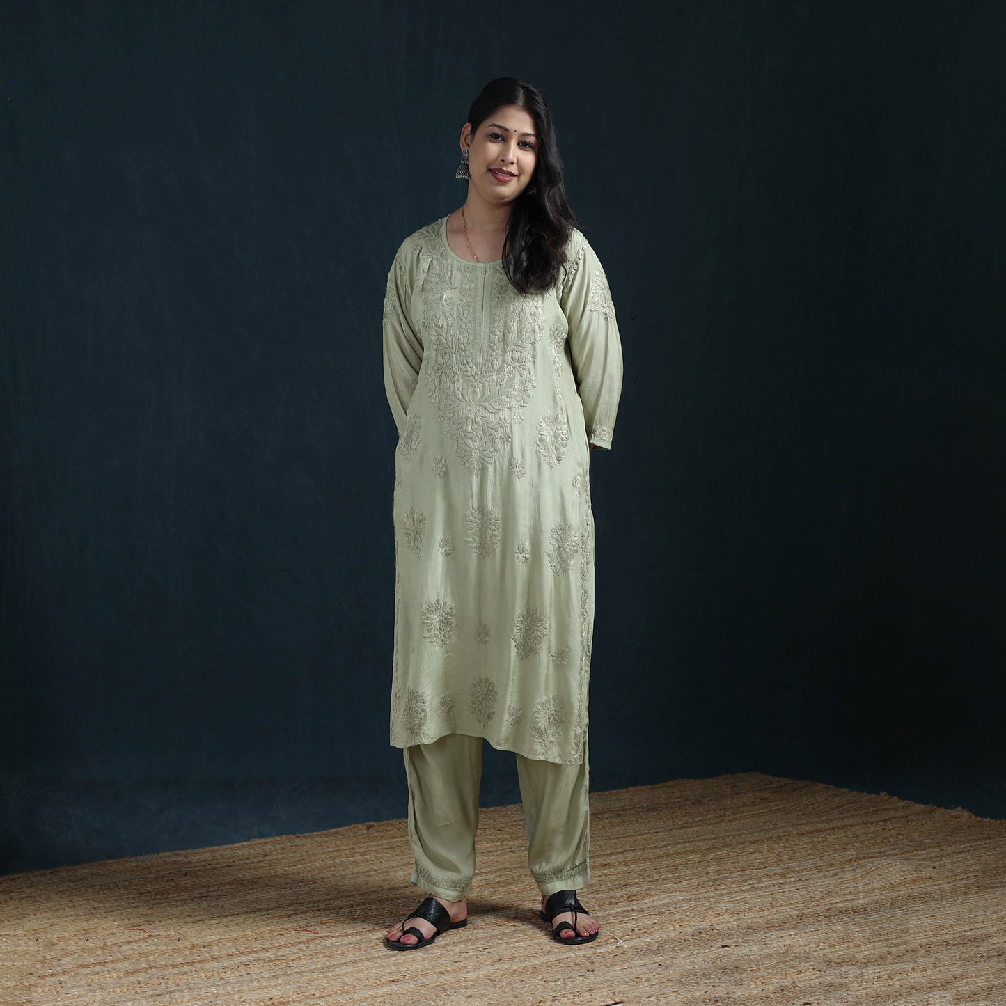Green - Hand Embroidered Muslin Chikankari Kurta with Pant Set for Women 27