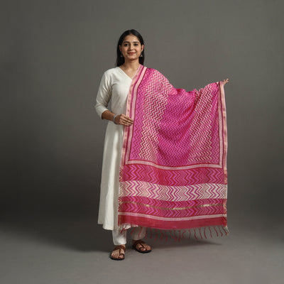 Pink - Block Printed Chanderi Silk Bagru Dupatta 37