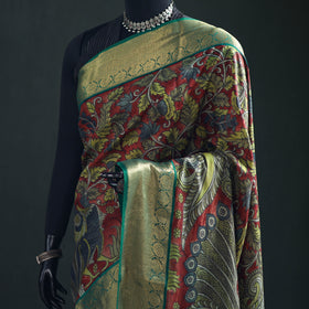 Kanjeevaram Pure Handloom Mulberry Silk Handpainted Srikalahasti Pen Kalamkari Saree with Zari Work 14