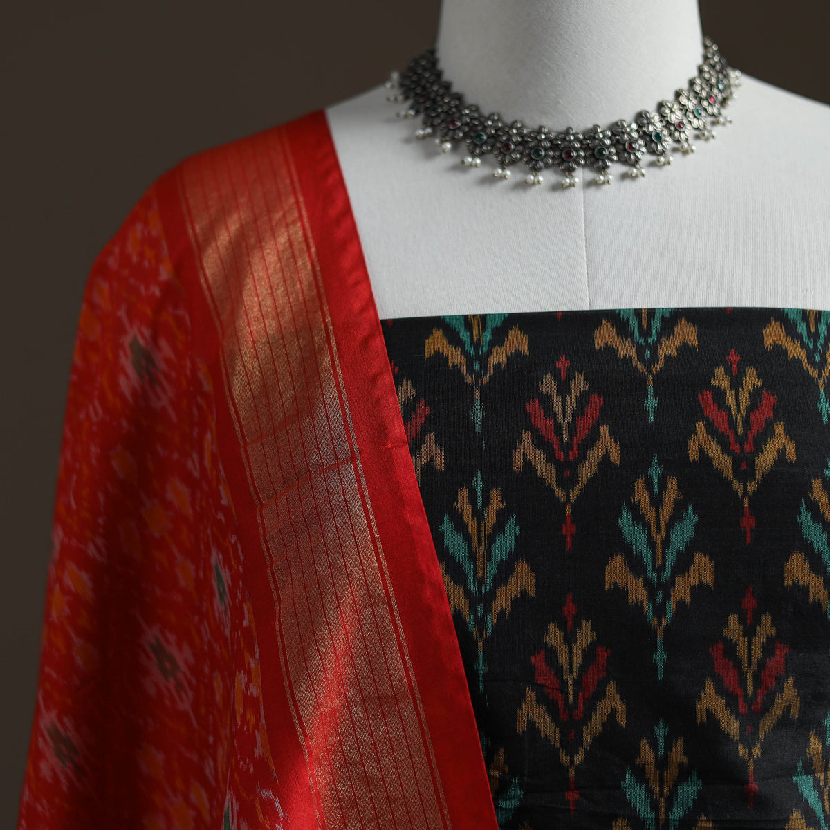 Pochampally Ikat Handloom Sico Unstitched Dress Material: Kurta with Dupatta 15