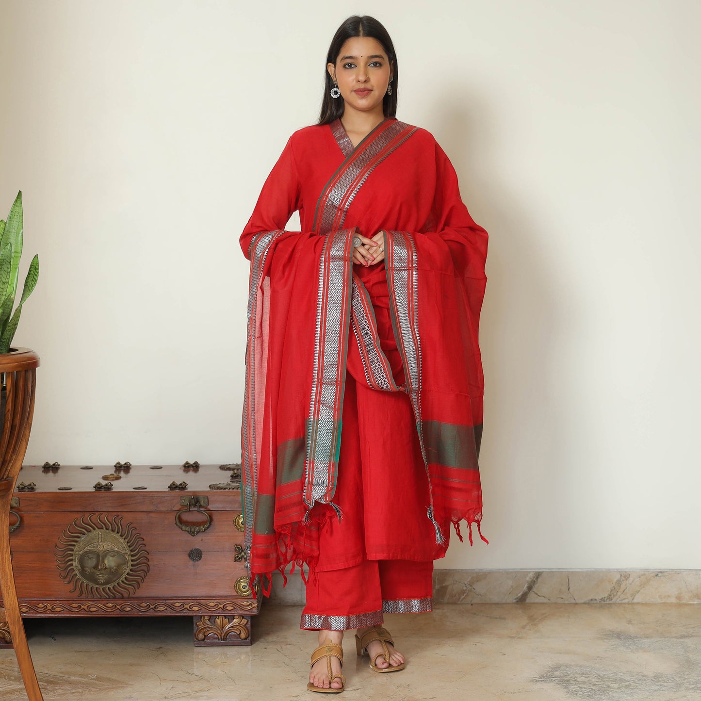 Red - Dharwad Cotton Kurta with Palazzo & Dupatta Set 06