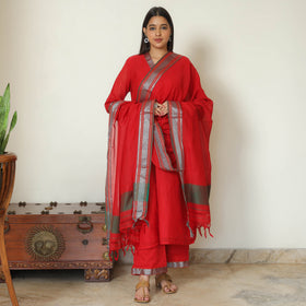 Red - Dharwad Cotton Kurta with Palazzo & Dupatta Set 06