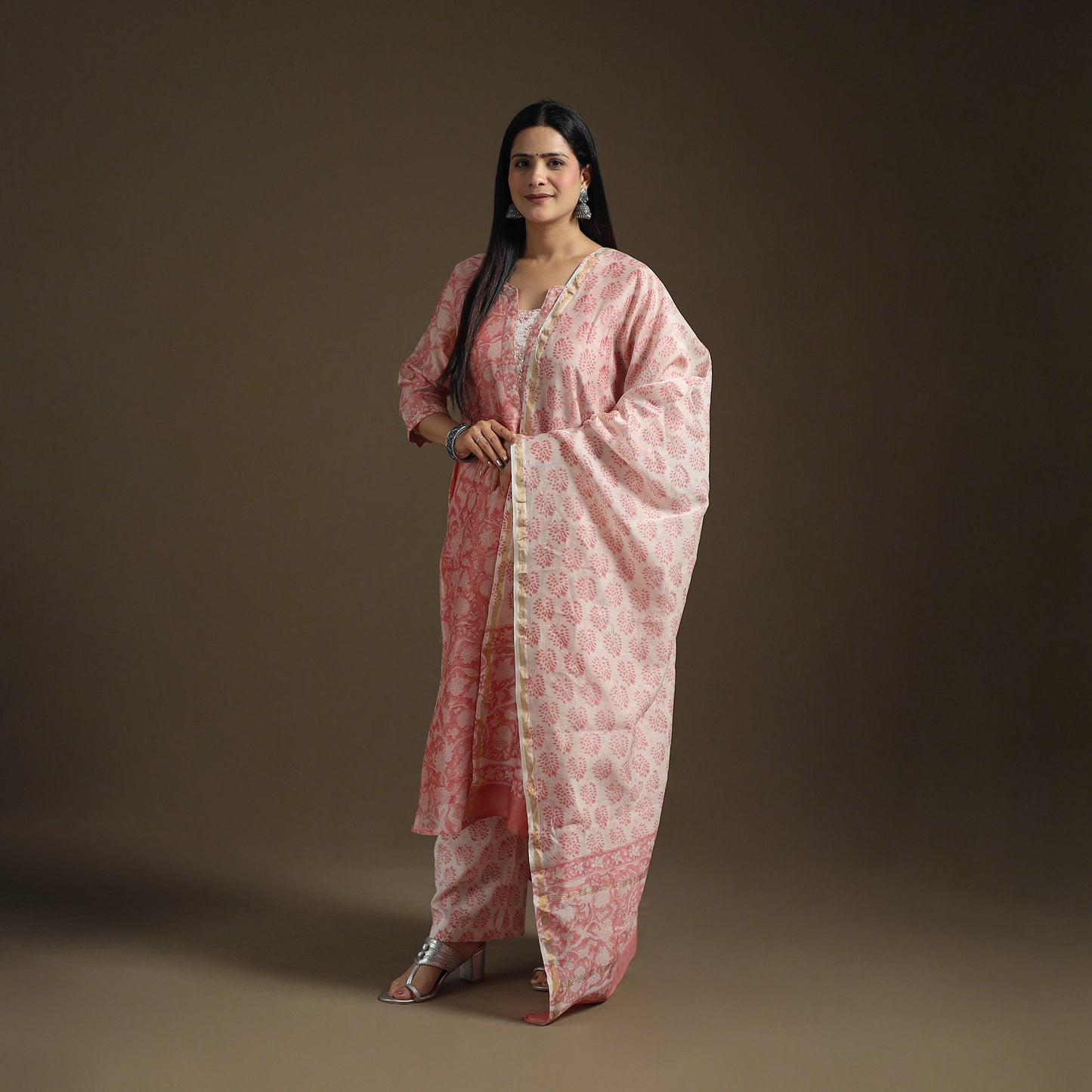 Sequin Work Sanganeri Hand Block Print Chanderi Silk Suit Set with Dupatta for Women 14