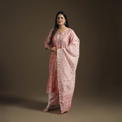 Sequin Work Sanganeri Hand Block Print Chanderi Silk Suit Set with Dupatta for Women 14