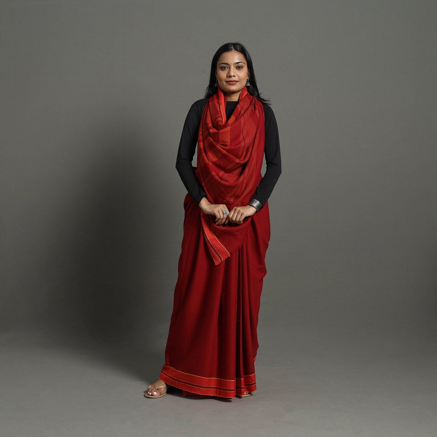 Red - Kumaun Handwoven Pure Merino Woolen Saree 06