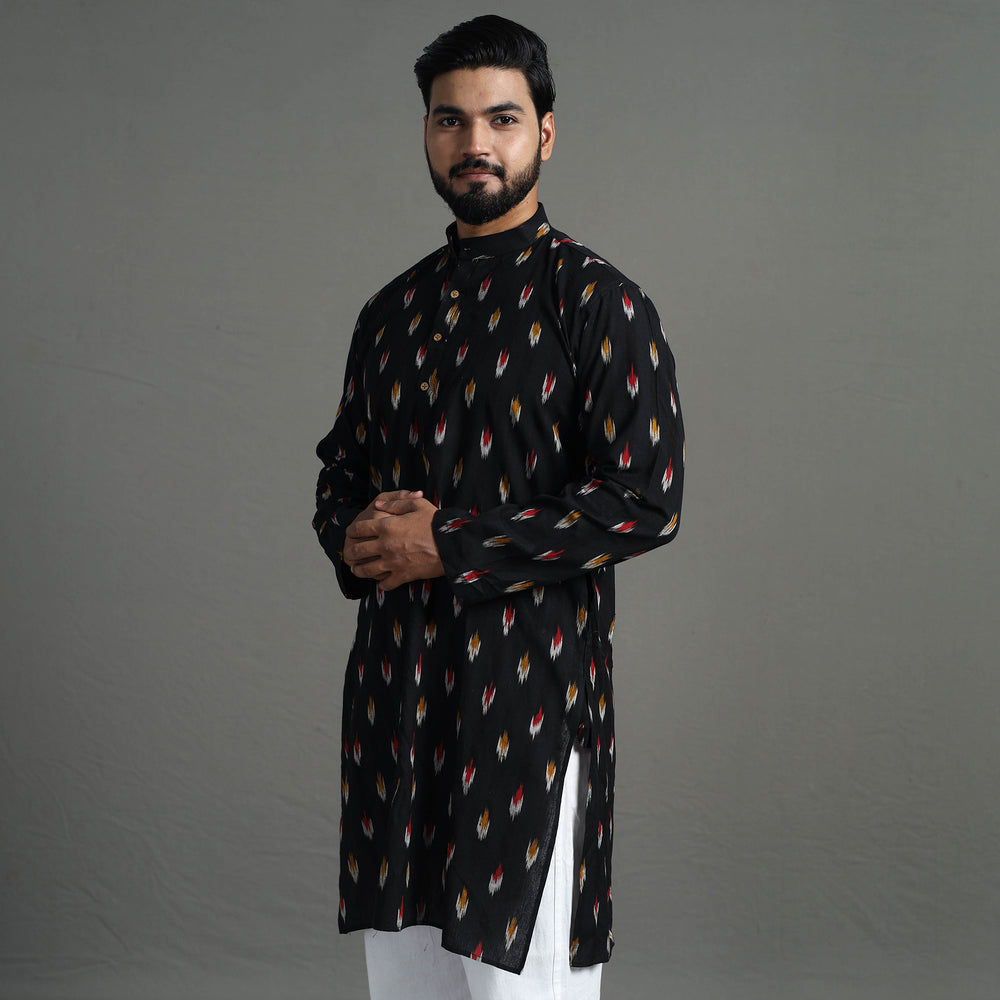 Black - Pochampally Ikat Cotton Men Long Kurta