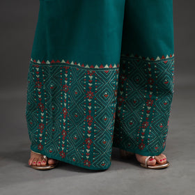Green Kantha Hand Embroidery Palazzo in Cotton