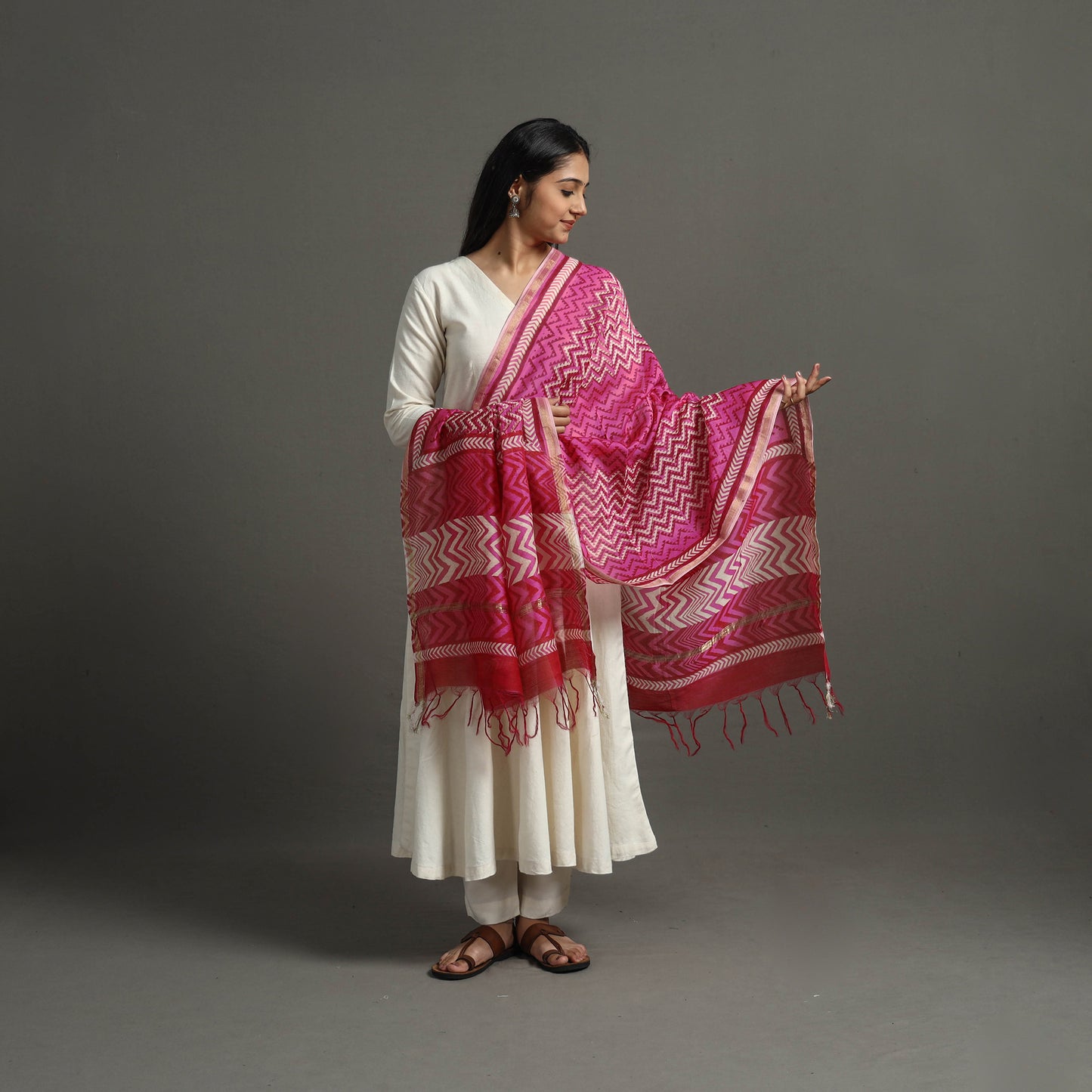 Pink - Block Printed Chanderi Silk Bagru Dupatta 37