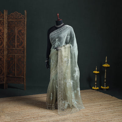 Lucknowi Chikankari Heavy Bead Work Pure Organza Silk Saree 11