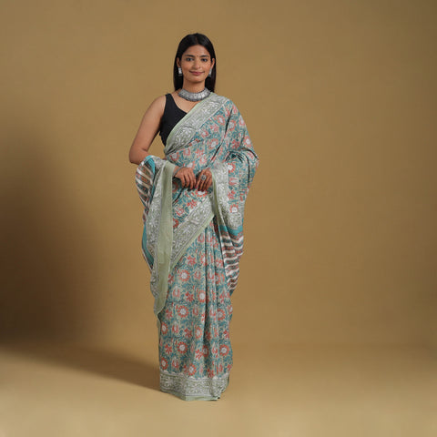 Green - Block Print Mul Cotton Sanganeri Saree 08