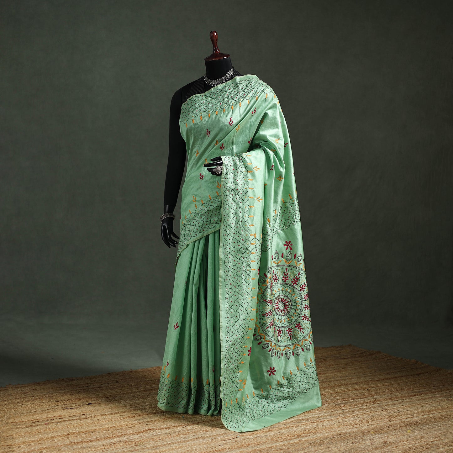 Green - Bengal Nakshi Kantha Hand Embroidered Silk Saree 35