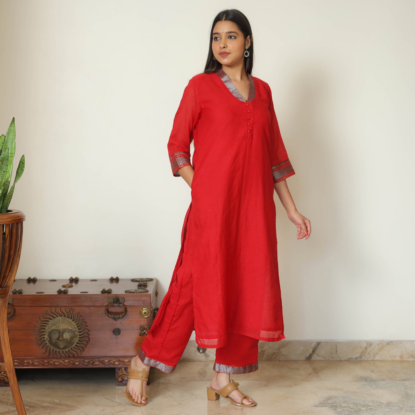 Red - Dharwad Cotton Kurta with Palazzo & Dupatta Set 06
