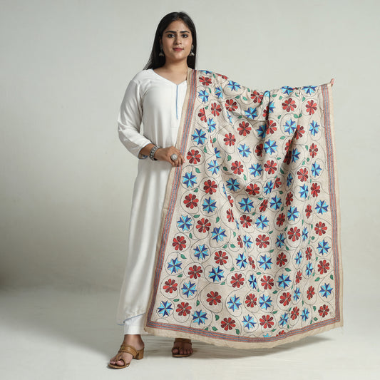 Beige - Bengal Kantha Embroidery Pure Tussar Silk Handloom Dupatta 152
