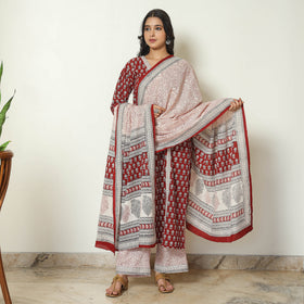 Red - Bagh Block Printed Cotton Kurta with Palazzo & Dupatta Set 04