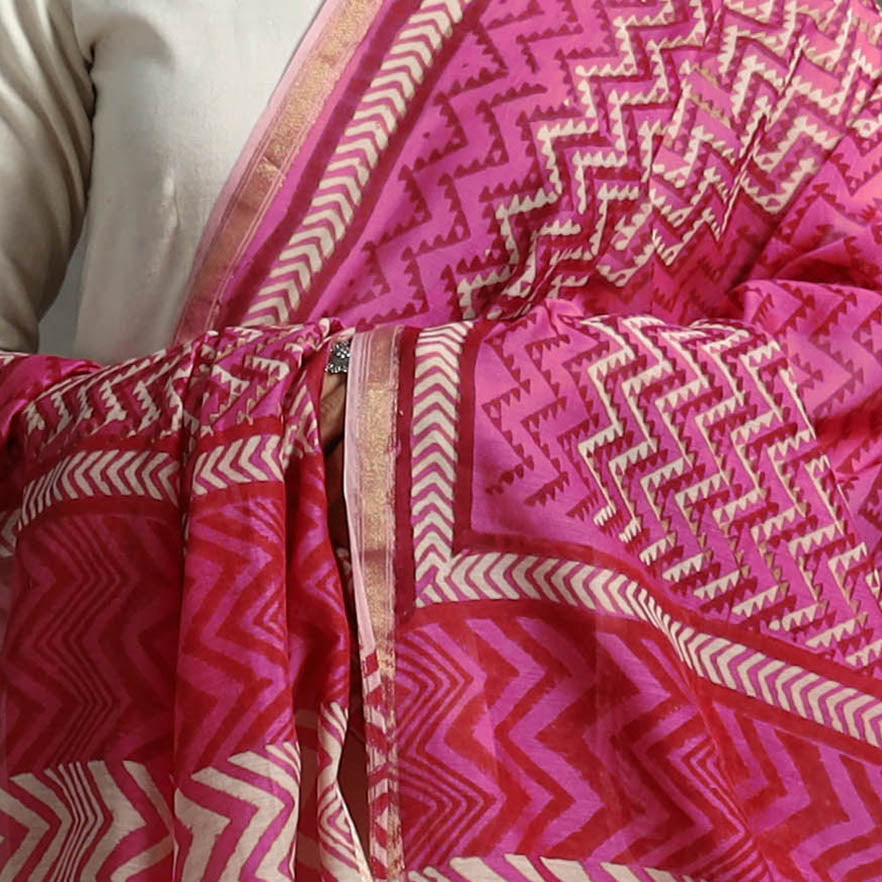 Pink - Block Printed Chanderi Silk Bagru Dupatta 37