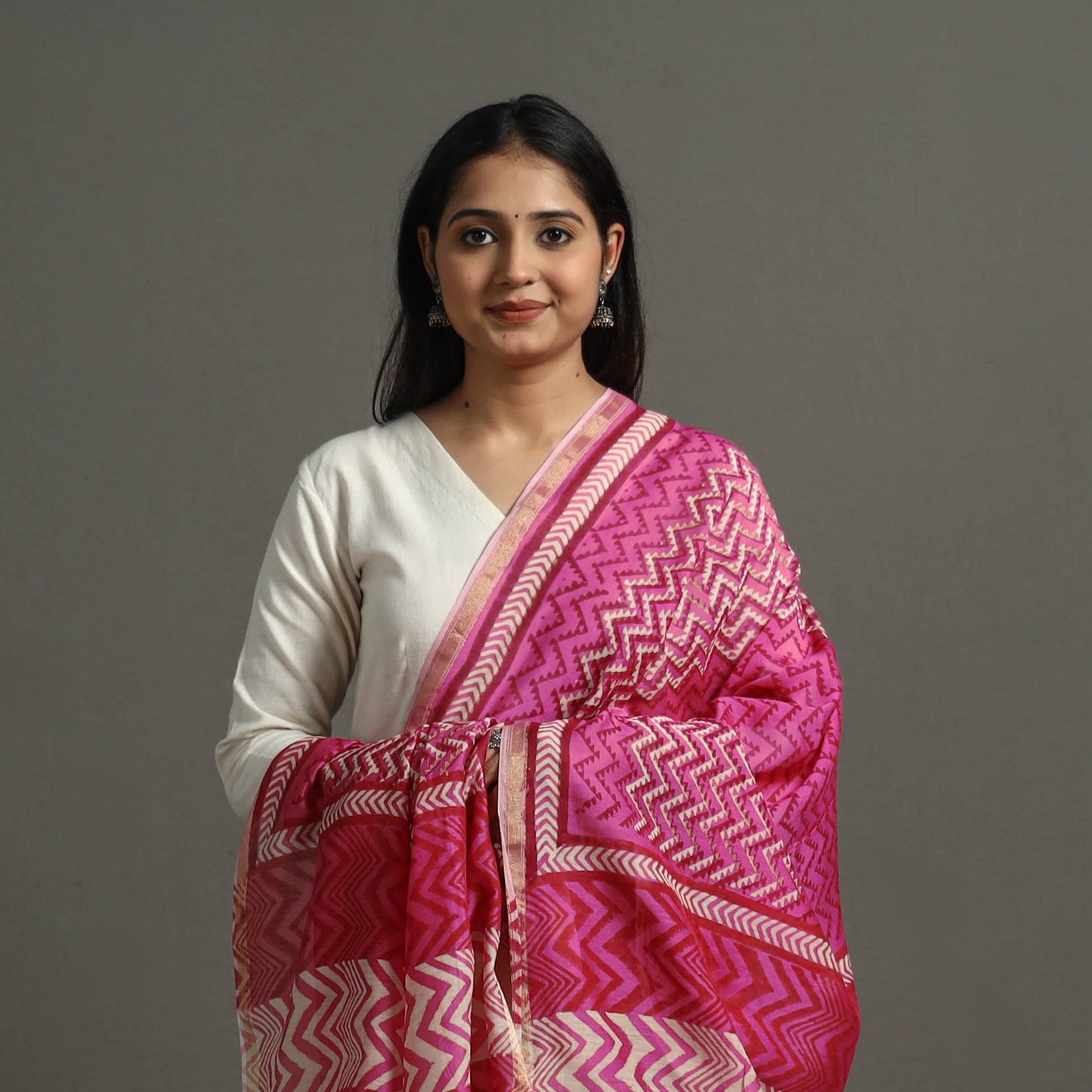 Pink - Block Printed Chanderi Silk Bagru Dupatta 37