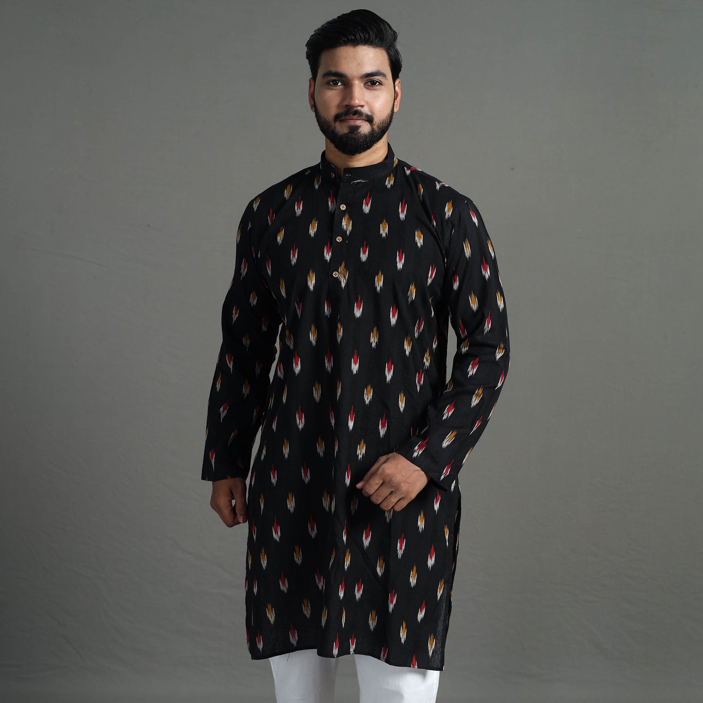 Black - Pochampally Ikat Cotton Men Long Kurta