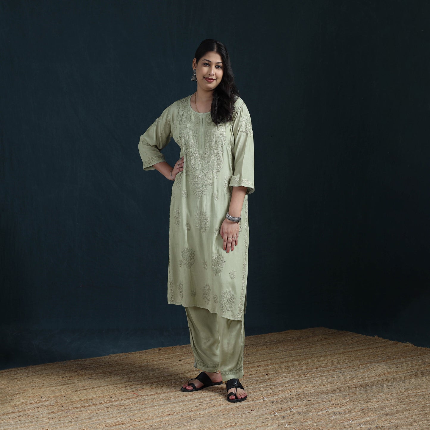 Green - Hand Embroidered Muslin Chikankari Kurta with Pant Set for Women 27