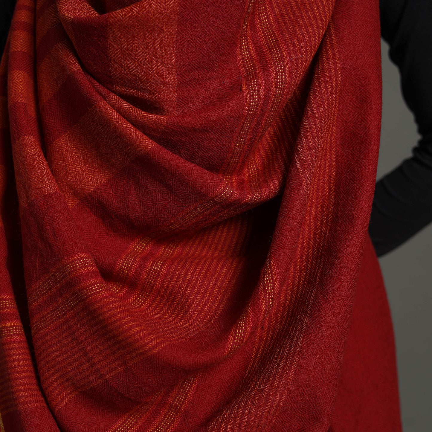 Red - Kumaun Handwoven Pure Merino Woolen Saree 06