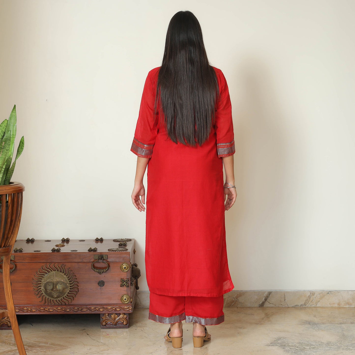 Red - Dharwad Cotton Kurta with Palazzo & Dupatta Set 06