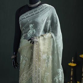 Lucknowi Chikankari Heavy Bead Work Pure Organza Silk Saree 11