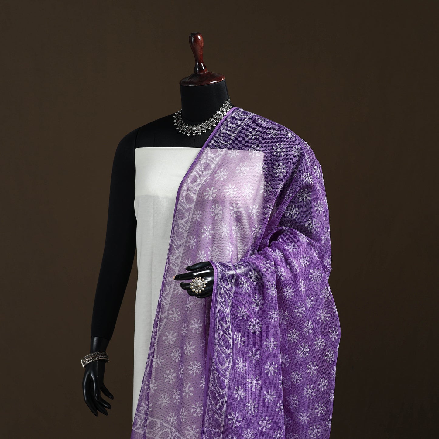 Purple - Akola Hand Block Print Natural Dyed Kota Doria Cotton Dupatta 23