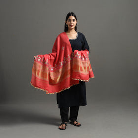 Red Kutch Neran Hand Embroidery Mirror Work Woollen Shawl