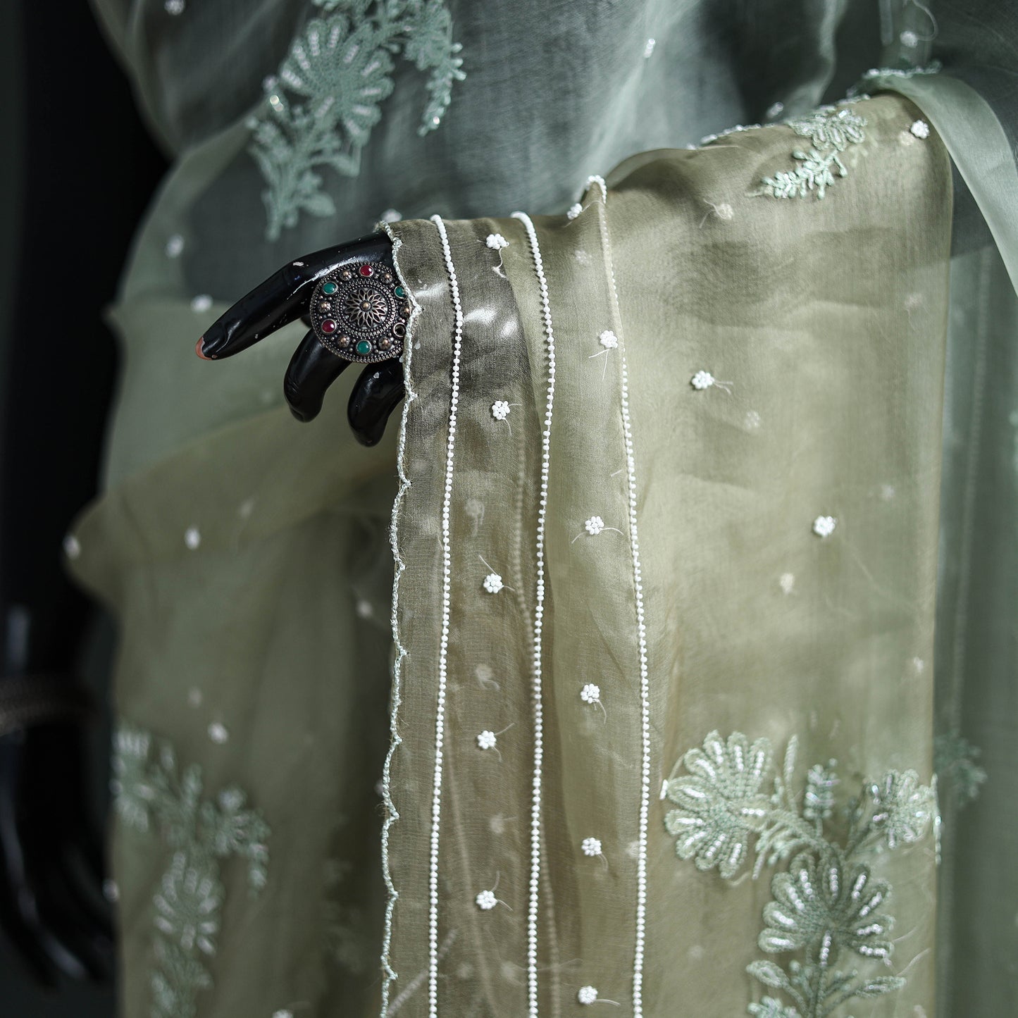 Lucknowi Chikankari Heavy Bead Work Pure Organza Silk Saree 11