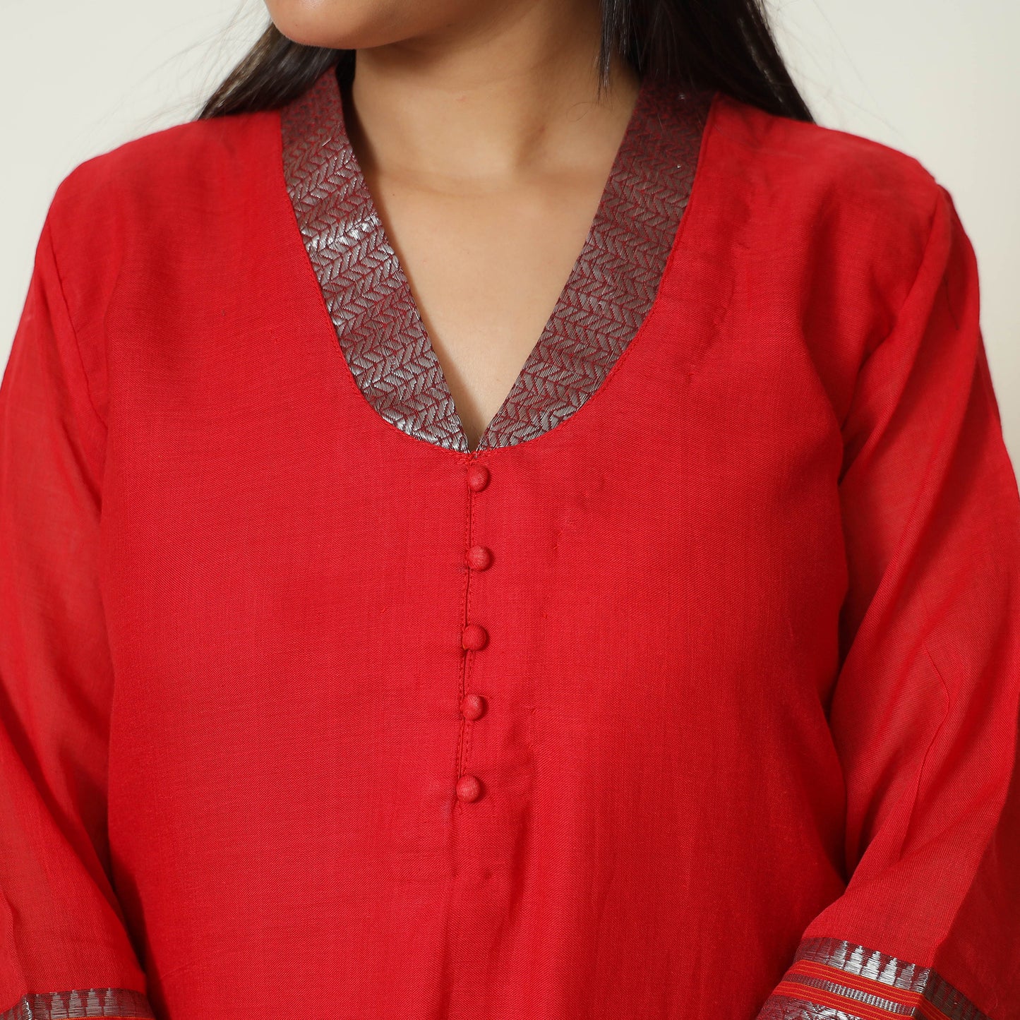 Red - Dharwad Cotton Kurta with Palazzo & Dupatta Set 06