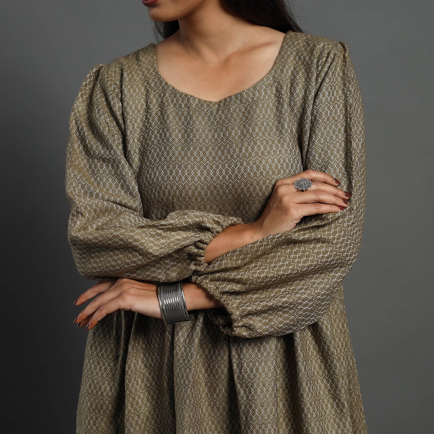 Ananya Brown Plain Flared Woolen Dress 04