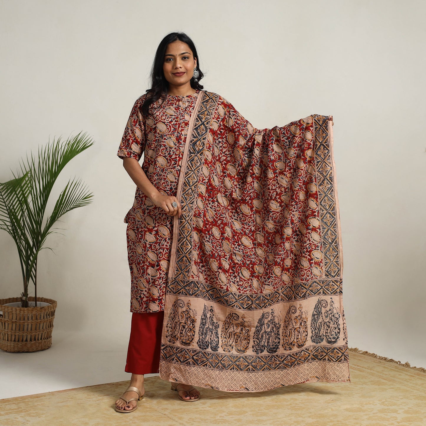 Red - printed cotton kalamkari kurta set 17 - handcrafted