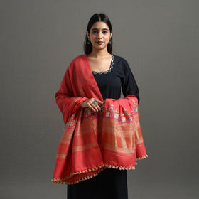 Red Kutch Neran Hand Embroidery Mirror Work Woollen Shawl