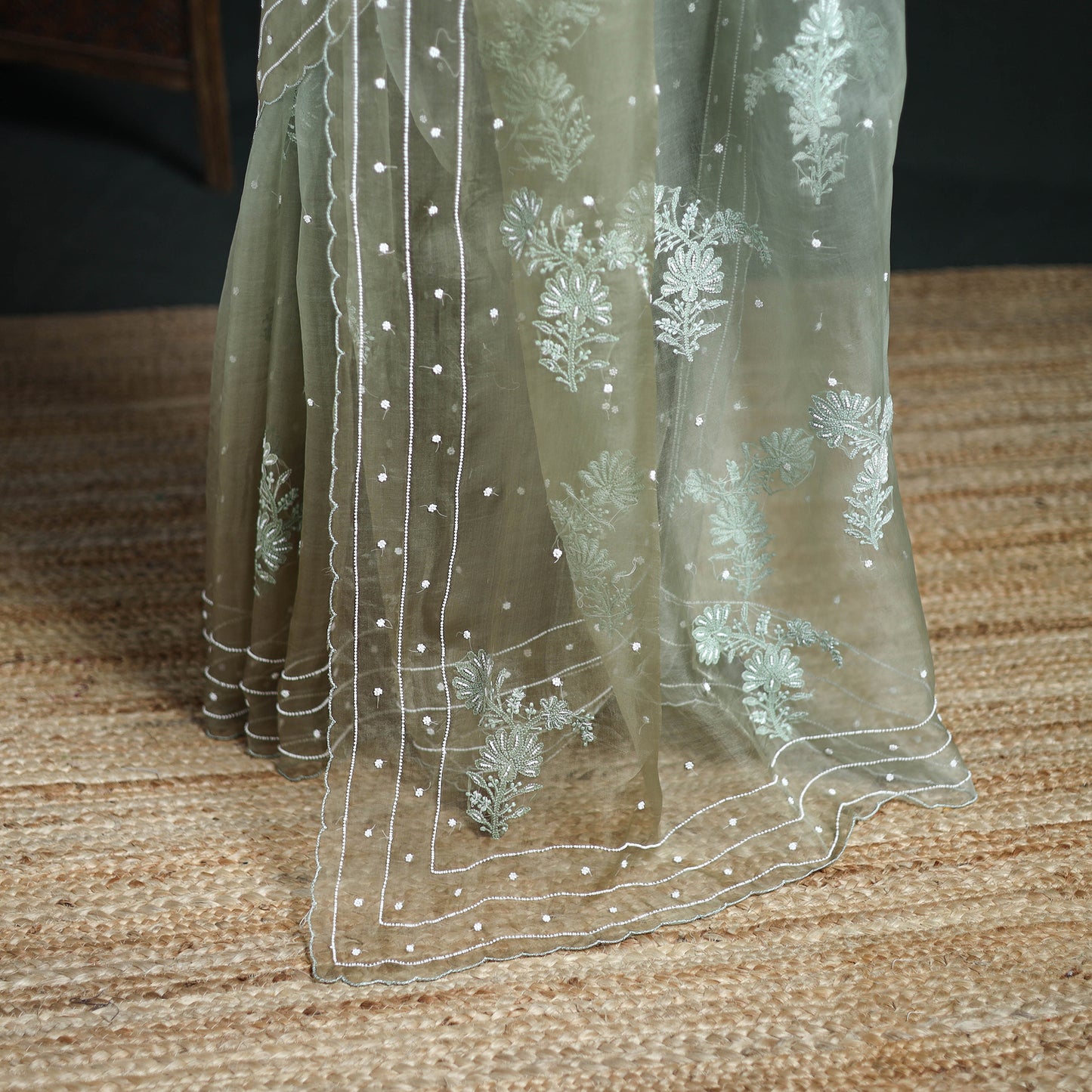 Lucknowi Chikankari Heavy Bead Work Pure Organza Silk Saree 11