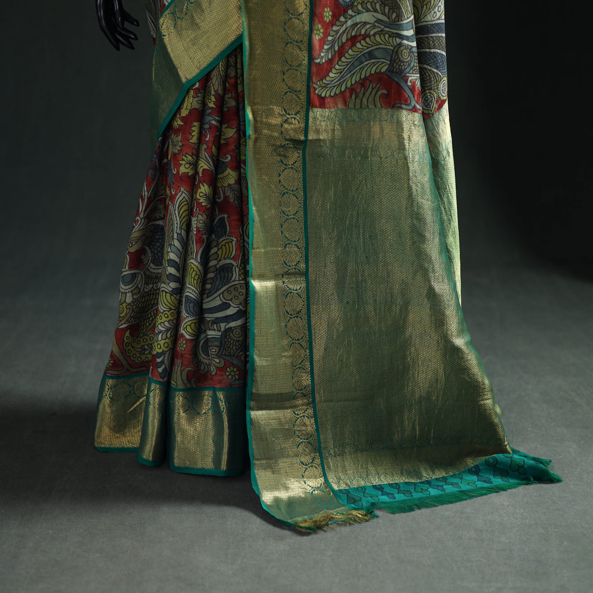 Kanjeevaram Pure Handloom Mulberry Silk Handpainted Srikalahasti Pen Kalamkari Saree with Zari Work 14