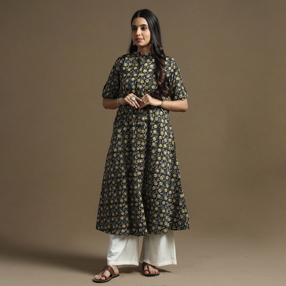 Black - Bagru Hand Block Printed Cotton A-Line Kurta