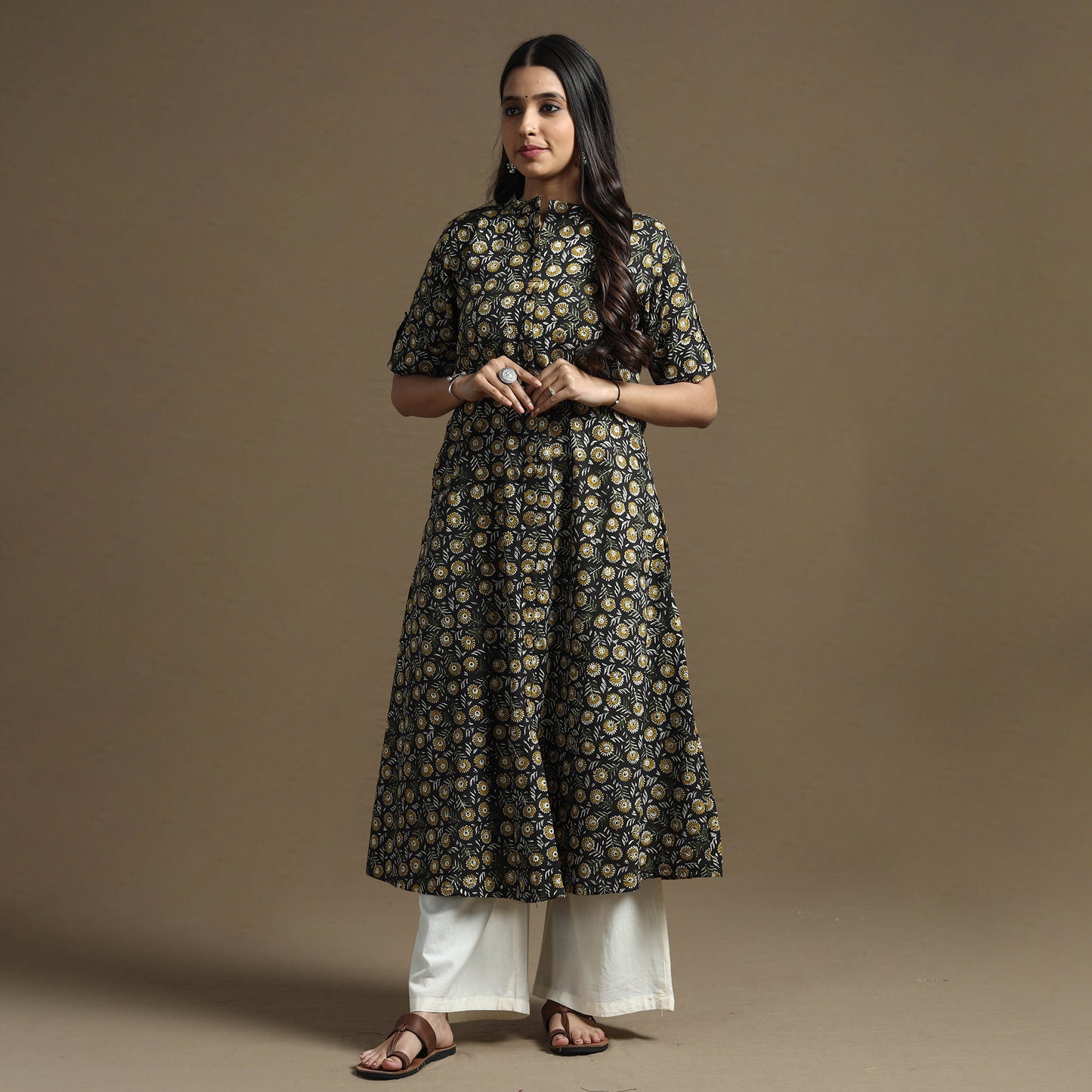 Black - Bagru Hand Block Printed Cotton A-Line Kurta