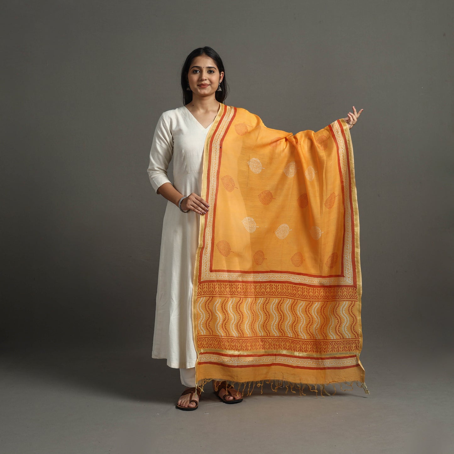 Orange - Block Printed Chanderi Silk Bagru Dupatta 38