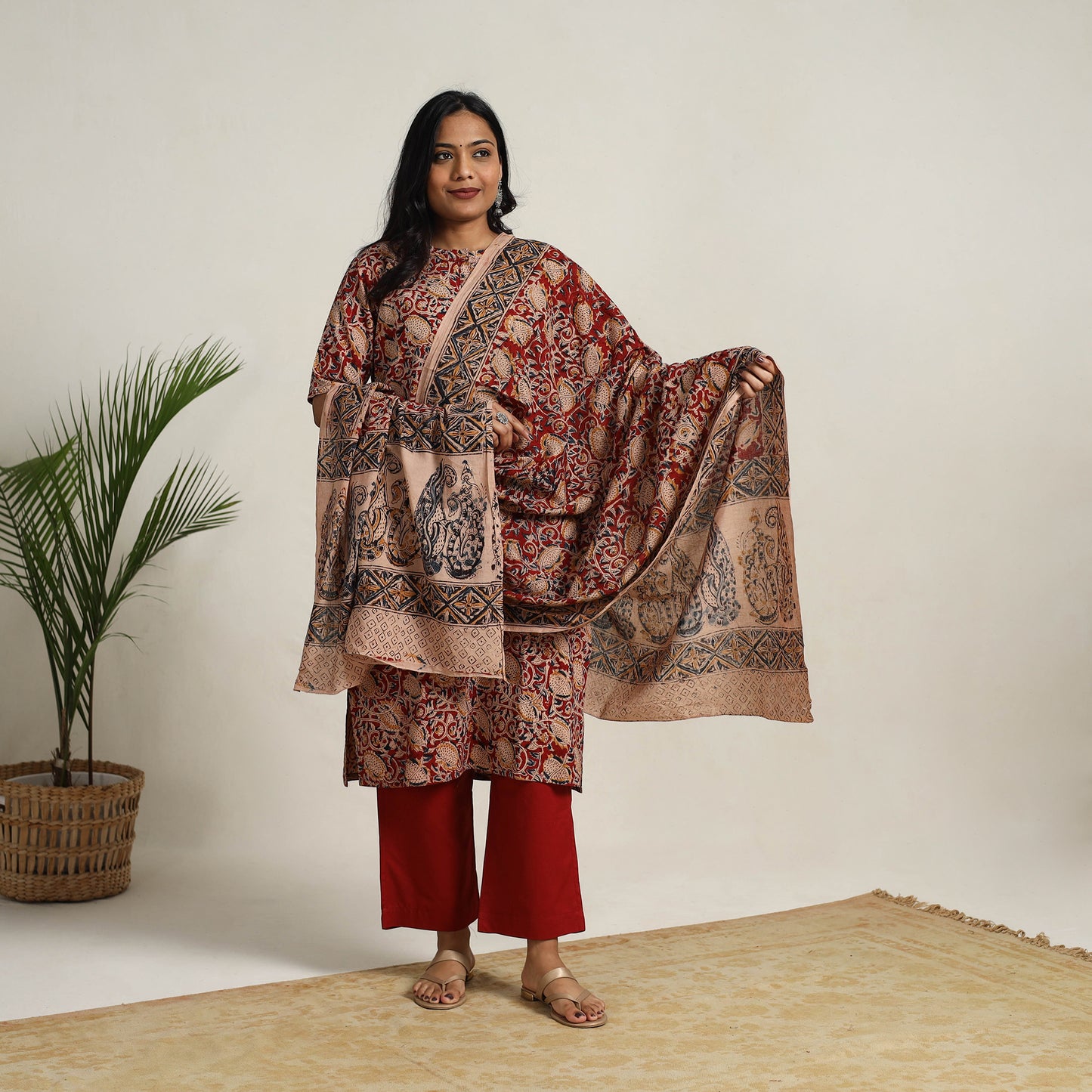 Red - printed cotton kalamkari kurta set 17 - handcrafted