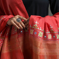 Red - Kutch Neran Hand Embroidery Mirror Work Woollen Shawl 60