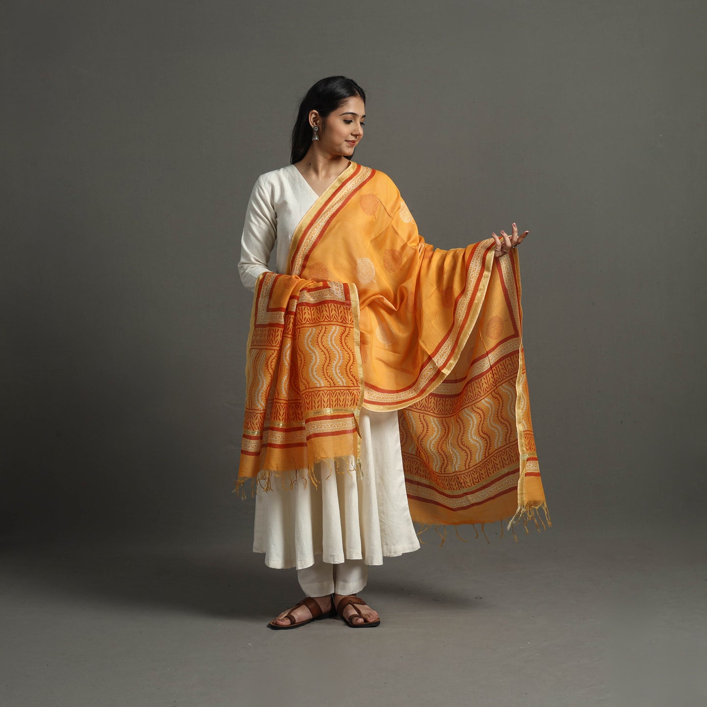 Orange - Block Printed Chanderi Silk Bagru Dupatta 38